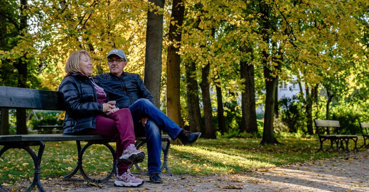 Happy senior couple sitting on a park bench surrounded by autumn foliage.