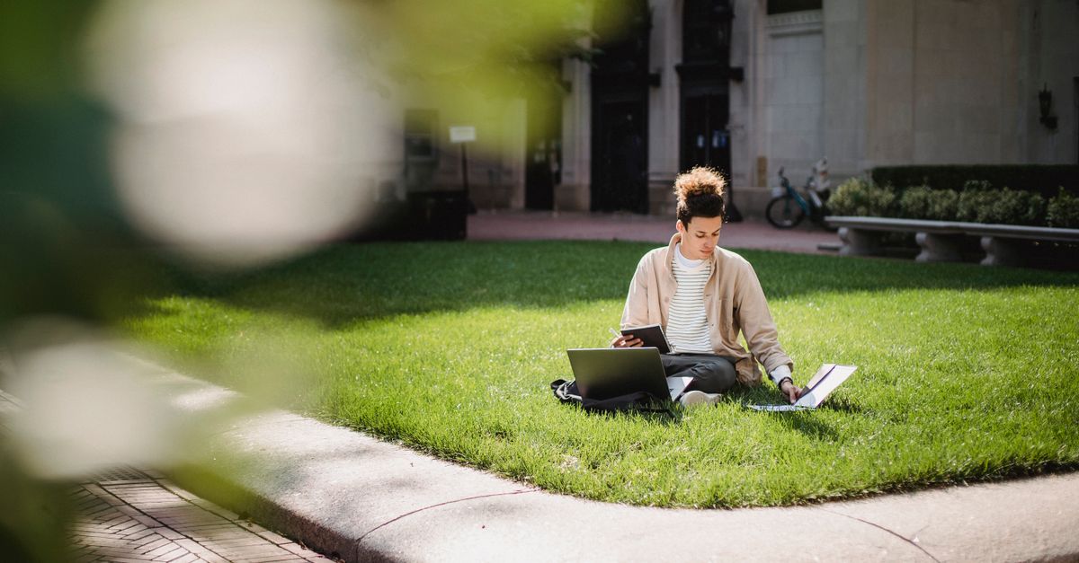 Full body concentrated young ethnic male student in casual outfit sitting on grass with laptop and textbook and preparing for exams in sunny campus