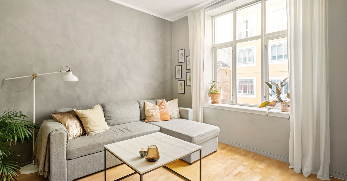 A bright and cozy modern living room featuring a gray sofa and large window for natural light.